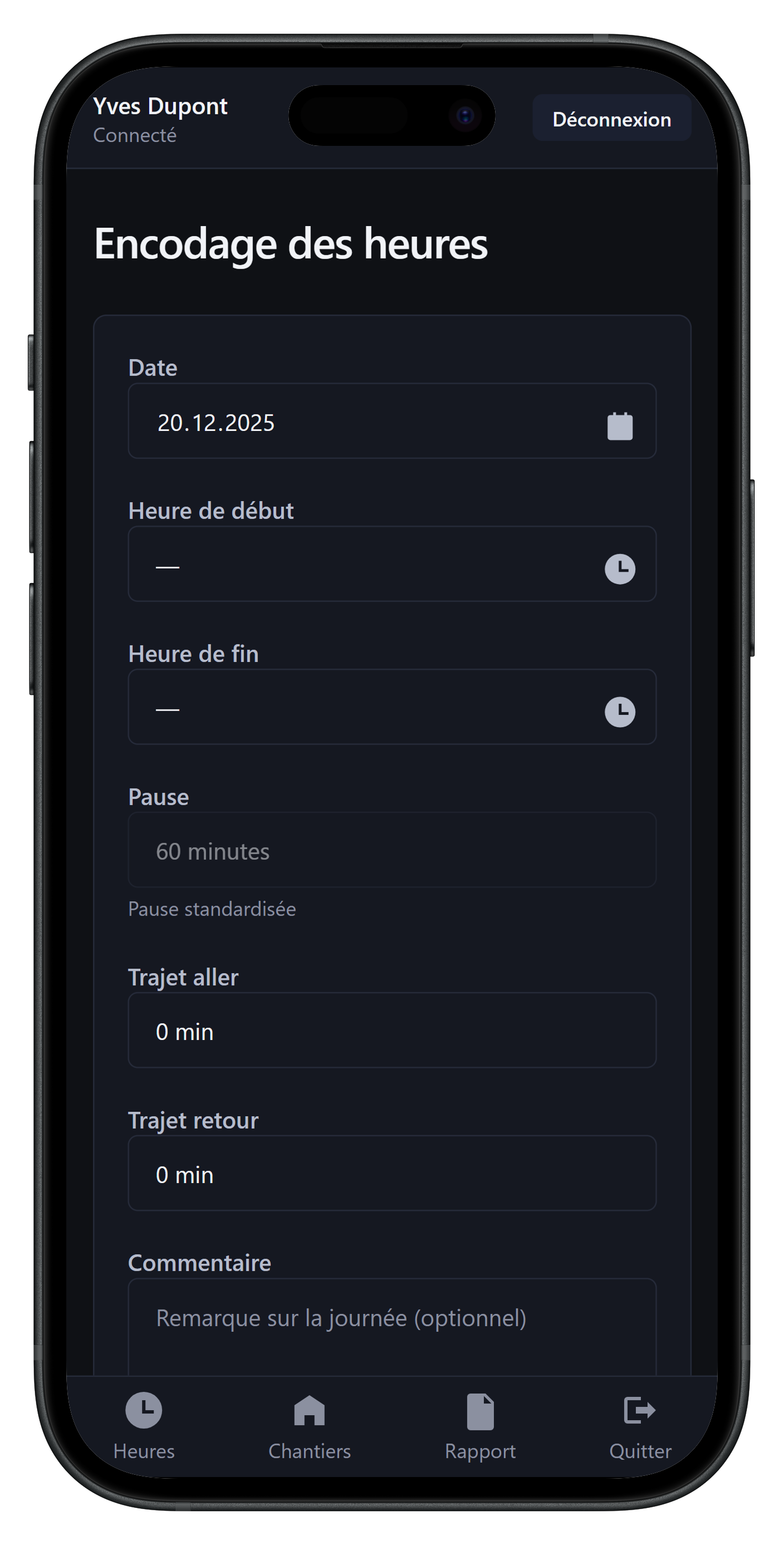 Encodage des heures sur le terrain